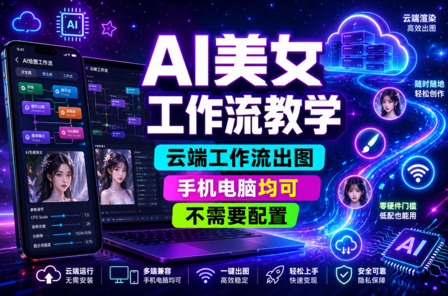 AI美女工作流教学，云端工作流出图，手机电脑均可，不需要配置，快速起号涨粉-LanTi云网创