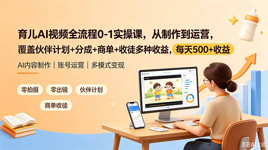 育儿AI视频全流程0-1实操课，从制作到运营，覆盖伙伴计划+分成+商单+收徒多种收益，每天500+收益-LanTi云网创