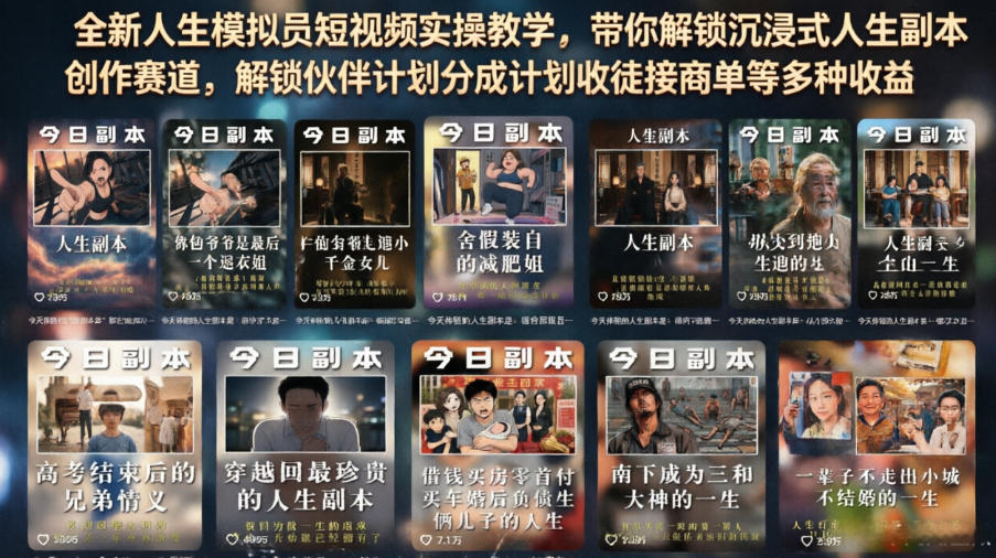 全新人生模拟员短视频实操教学，带你解锁沉浸式人生副本创作赛道，解锁伙伴计划分成计划收徒接商单等多种收益-LanTi云网创