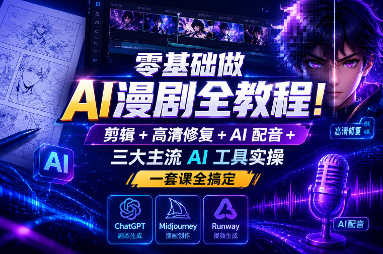 零基础做AI漫剧全教程！剪辑+高清修复+AI配音+三大主流AI工具实操，一套课全搞定-LanTi云网创