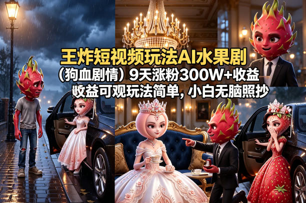 王炸短视频玩法AI水果剧(狗血剧情)9天涨粉300W+收益可观玩法简单，小白无脑照抄，详细拆解玩法-LanTi云网创