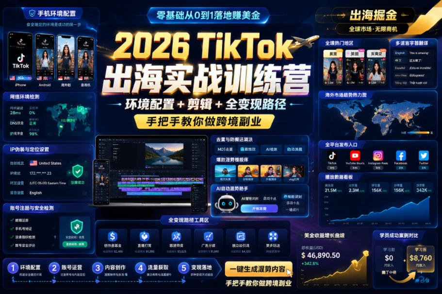 2026 TikTok出海实战训练营，环境配置 + 剪辑 + 全变现路径，手把手教你做跨境副业-LanTi云网创
