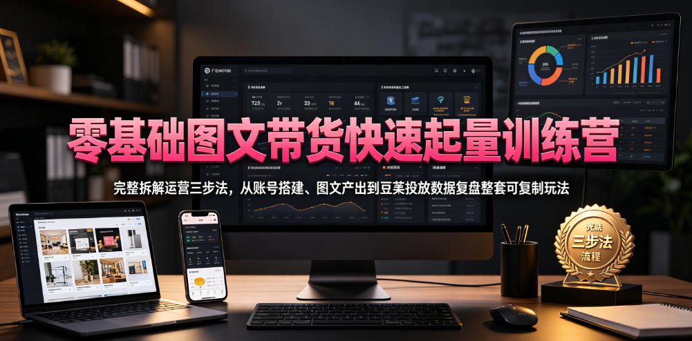 零基础图文带货快速起量训练营，完整拆解运营三步法，从账号搭建、图文产出到豆荚投放数据复盘整套可复制玩法-LanTi云网创