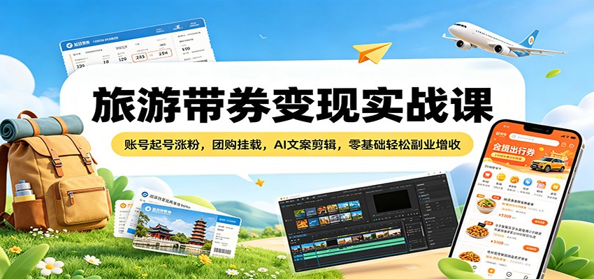 旅游带券变现实战课：账号起号涨粉，团购挂载，AI文案剪辑，零基础轻松副业增收-LanTi云网创