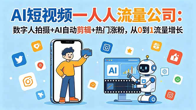 AI短视频一人流量公司：数字人拍摄+AI自动剪辑+热门涨粉，从0到1流量增长-LanTi云网创
