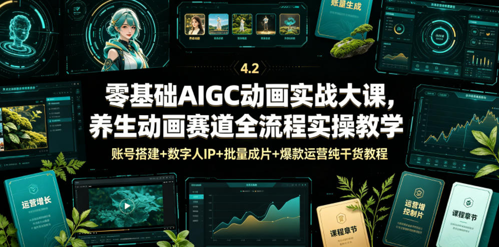 零基础AIGC动画实战大课，养生动画赛道全流程实操教学，账号搭建+数字人IP+批量成片+爆款运营纯干货教程-LanTi云网创