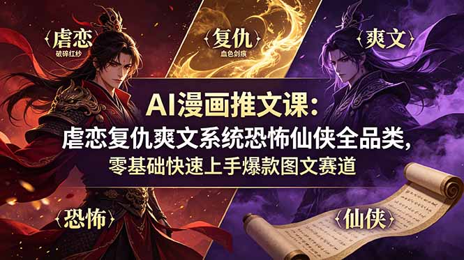 AI漫画推文课：虐恋复仇爽文系统恐怖仙侠全品类，零基础快速上手爆款图文赛道-LanTi云网创