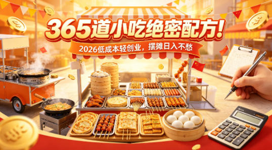 365道小吃绝密配方!2026低成本轻创业,摆摊日入不愁