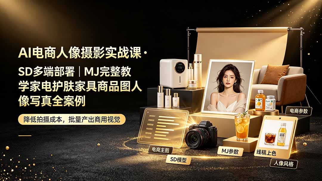 AI电商人像摄影实战课·SD多端部署｜MJ完整教学｜家电护肤家具商品图人像写真全案例-LanTi云网创