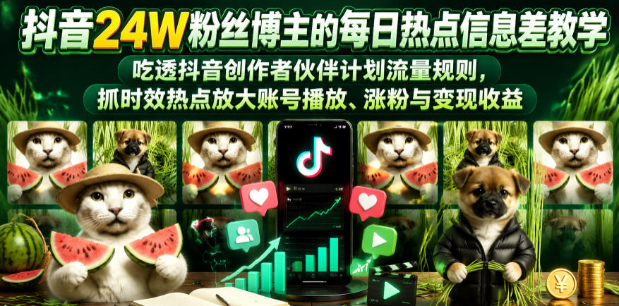 抖音24W粉丝博主的每日热点信息差教学，吃透创作者伙伴计划流量规则，抓时效热点放大账号播放、涨粉与变现收益(更新)-LanTi云网创