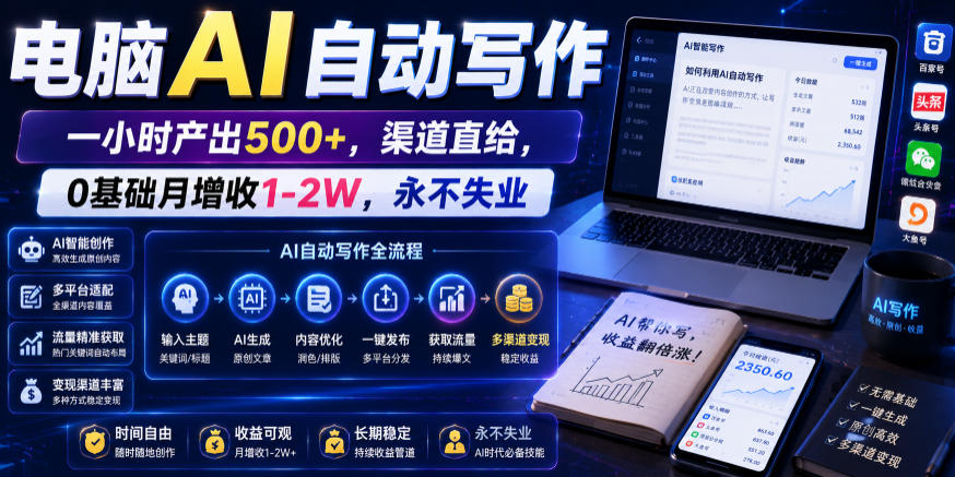 电脑AI自动写作，一小时产出500+，渠道直给，0基础月增收1-2W，永不失业【揭秘】-LanTi云网创