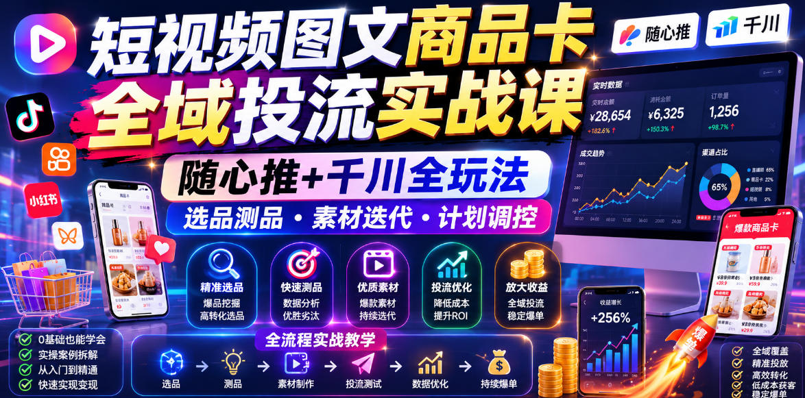 短视频图文商品卡全域投流实战课，随心推+千川全玩法，选品测品・素材迭代・计划调控，提升ROI爆单增收教程-LanTi云网创