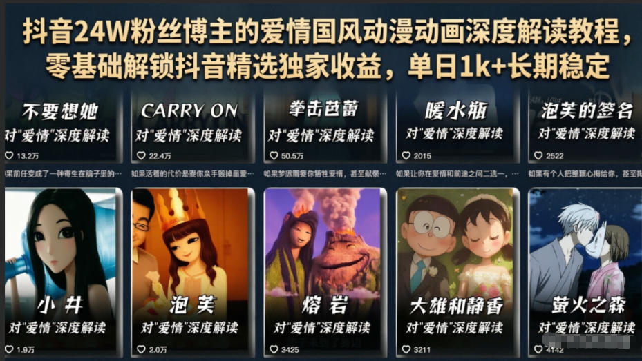 抖音24W粉丝博主的爱情国风动漫动画深度解读教程,零基础解锁抖音精选独家收益,单日1k+长期稳定-LanTi云网创