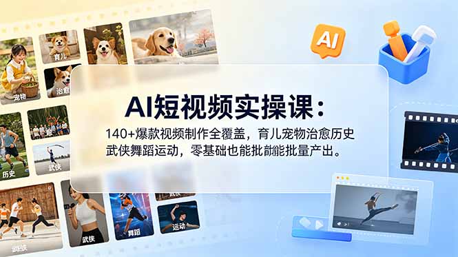 AI短视频实操课：140+爆款视频制作全覆盖，育儿宠物治愈历史武侠舞蹈运动，零基础也能批量产出-LanTi云网创