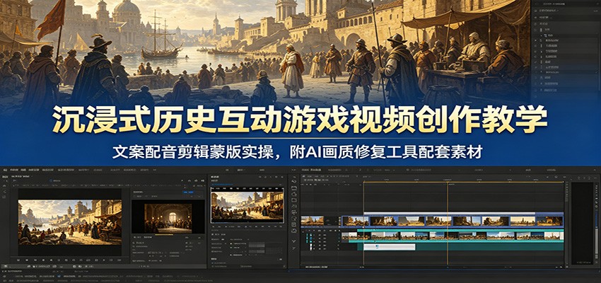 沉浸式历史互动游戏视频创作教学：文案配音剪辑蒙版实操，附AI画质修复工具配套素材-LanTi云网创