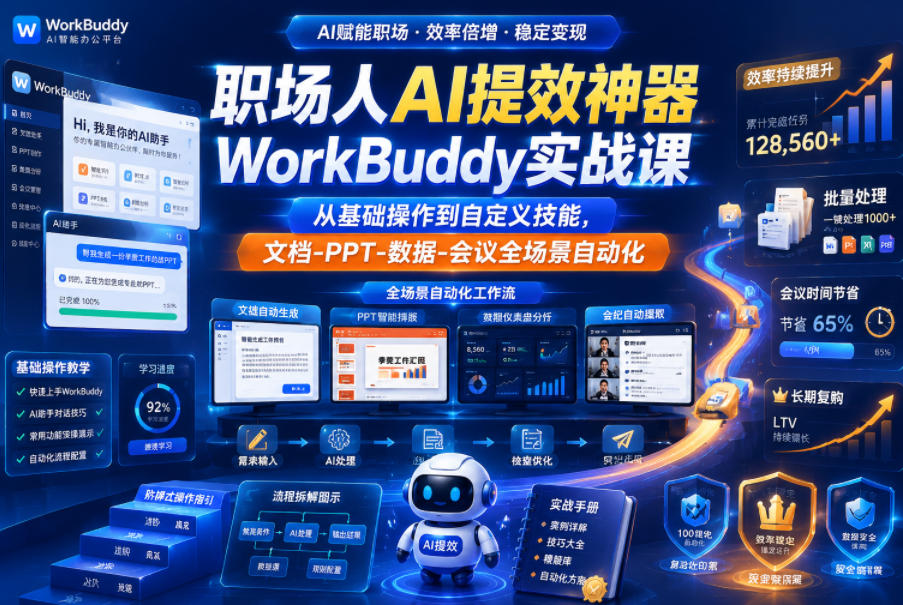 职场人AI提效神器WorkBuddy实战课，从基础操作到自定义技能，文档-PPT-数据-会议全场景自动化-LanTi云网创