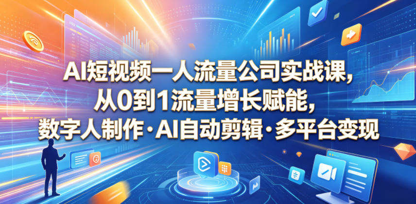AI短视频一人流量公司实战课，从0到1流量增长赋能，数字人制作・AI自动剪辑・多平台变现，一人做流量生意全落地教程-LanTi云网创