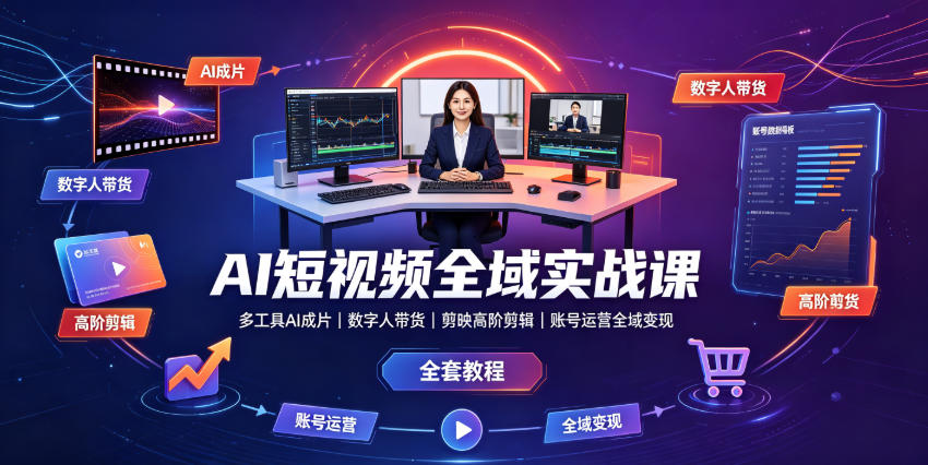 AI短视频全域实战课｜多工具AI成片、数字人带货、剪映高阶剪辑、账号运营全域变现全套教程-LanTi云网创