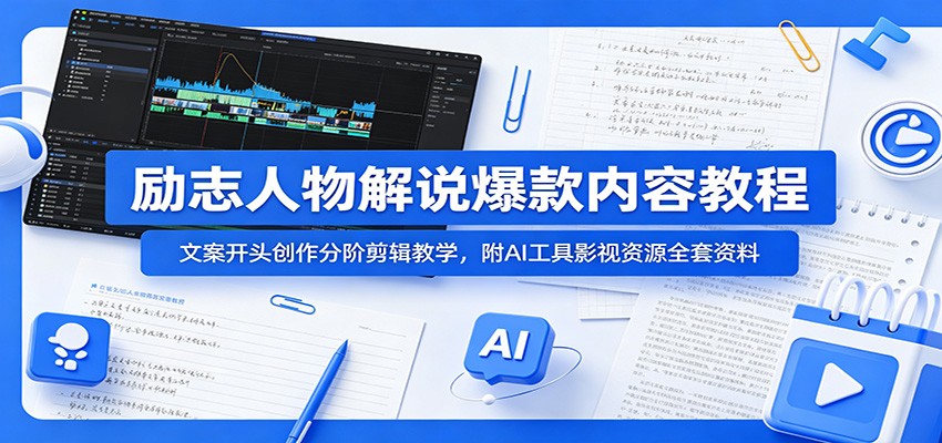 励志人物解说爆款内容教程：文案开头创作分阶剪辑教学，附AI 工具影视资源全套资料-LanTi云网创