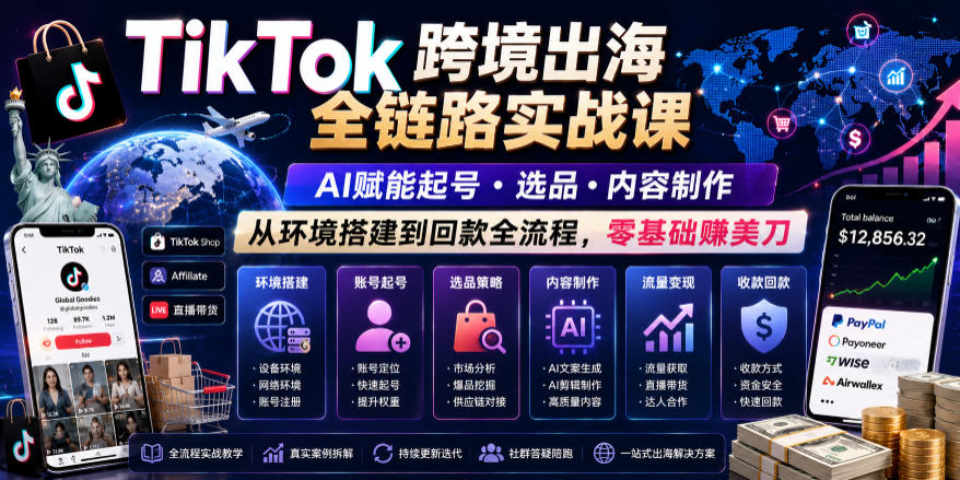 TikTok跨境出海全链路实战课，AI赋能起号・选品・内容制作，从环境搭建到回款全流程，零基础賺美刀-LanTi云网创