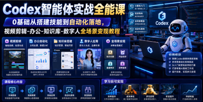 Codex智能体实战全能课｜0基础从搭建技能到自动化落地，视频剪辑-办公-知识库-数字人全场景变现教程-LanTi云网创