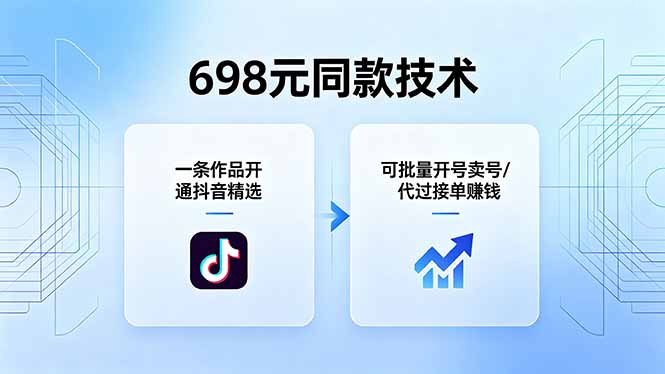 698元同款技术：一条作品开通抖音精选，可批量开号卖号，也可代过接单赚钱-LanTi云网创