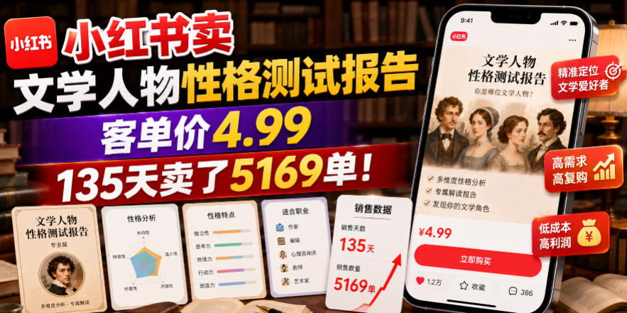 小红书卖文学人物性格测试报告，客单价4.99，135天卖了5169单！-LanTi云网创
