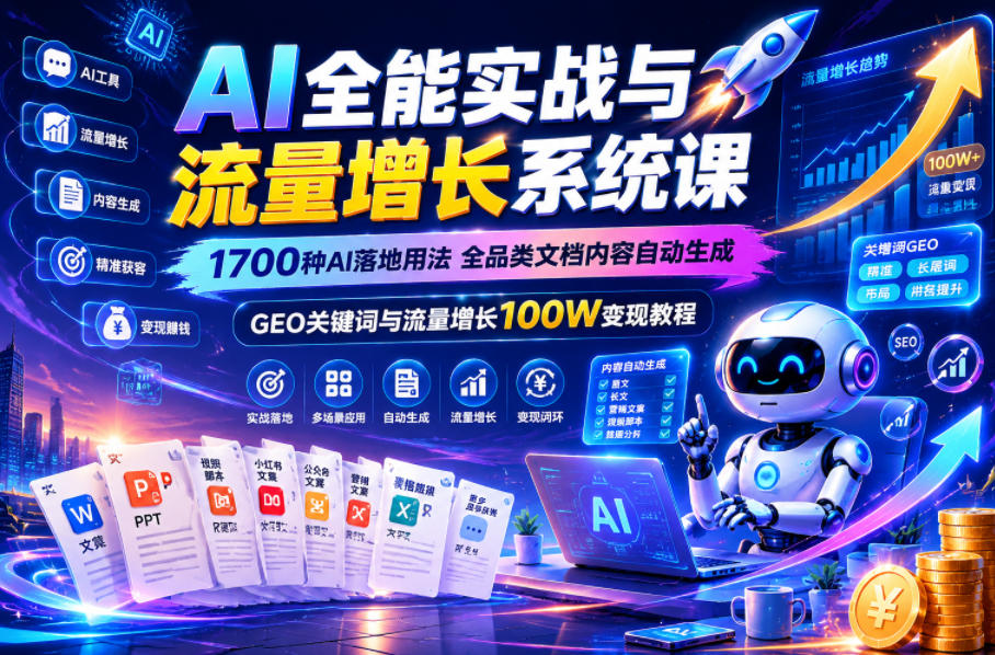 AI全能实战与流量增长系统课，1700种AI落地用法，全品类文档内容自动生成，GEO关键词与流量增长100W变现教程-LanTi云网创