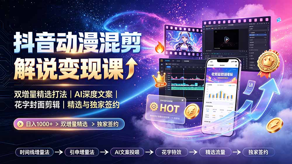 抖音动漫混剪解说变现课:双增量精选打法|AI深度文案|花字封面剪辑| 精选与独家签约日入1000+-LanTi云网创