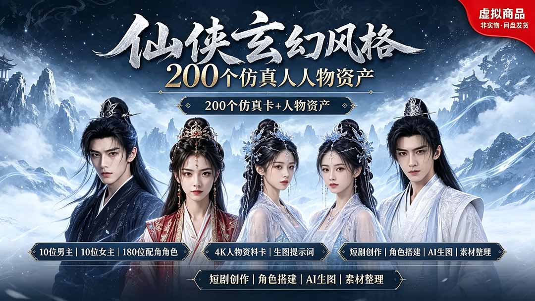 200个仙侠玄幻仿真人素材◆10男主×10女主×180配角，4K资料卡+AI生图提示词，漫剧必备-LanTi云网创