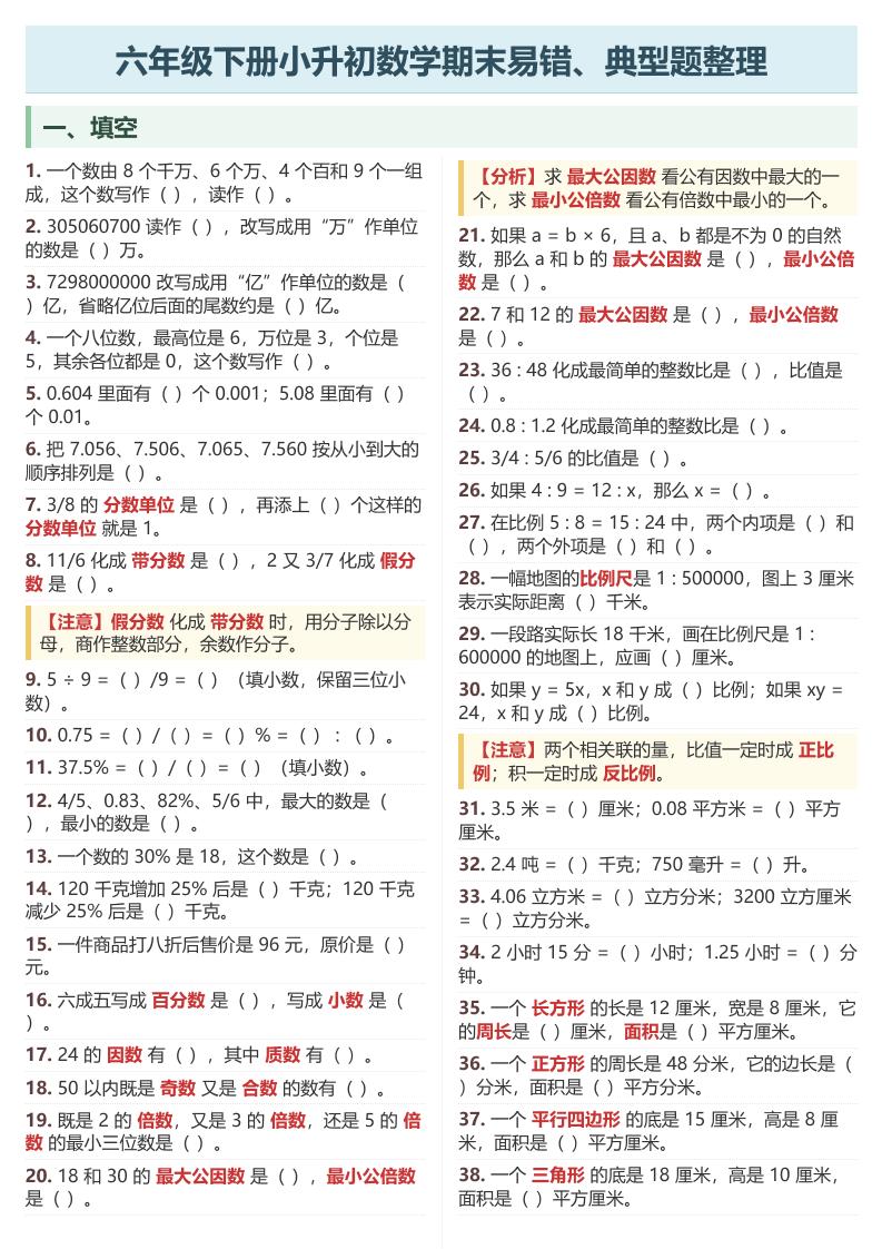 六年级下数学期末常考易错、典型题整理-LanTi云网创