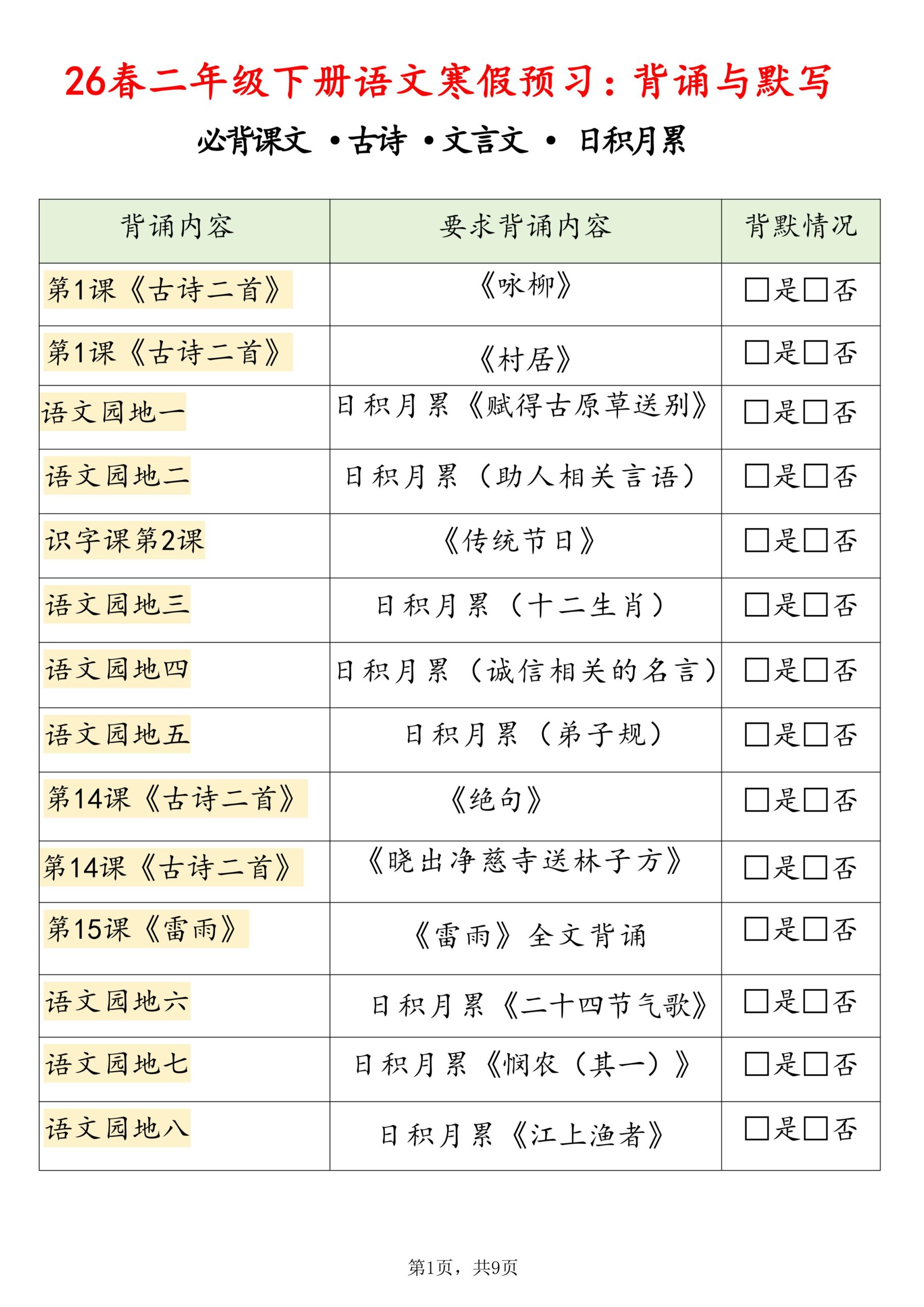 26春二下语文寒假预习背诵与默写（必背课文、古诗、文言文、日积月累）9页-LanTi云网创