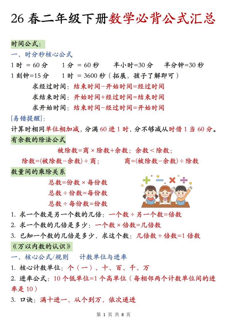 26春二年级下数学期末必背公式汇总-LanTi云网创