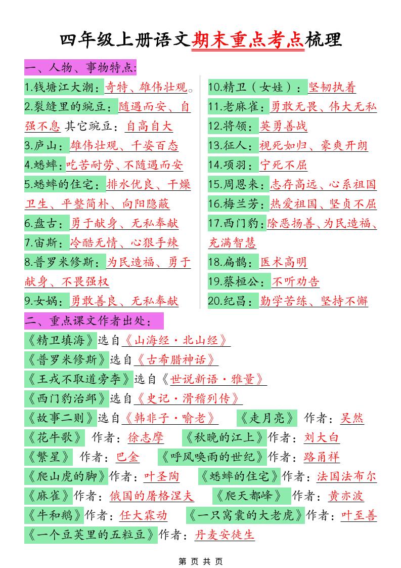 四年级上语文期末重点考点梳理-LanTi云网创