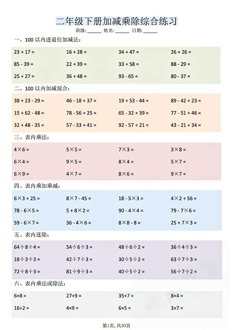 二年级下数学加减乘除综合练习-LanTi云网创