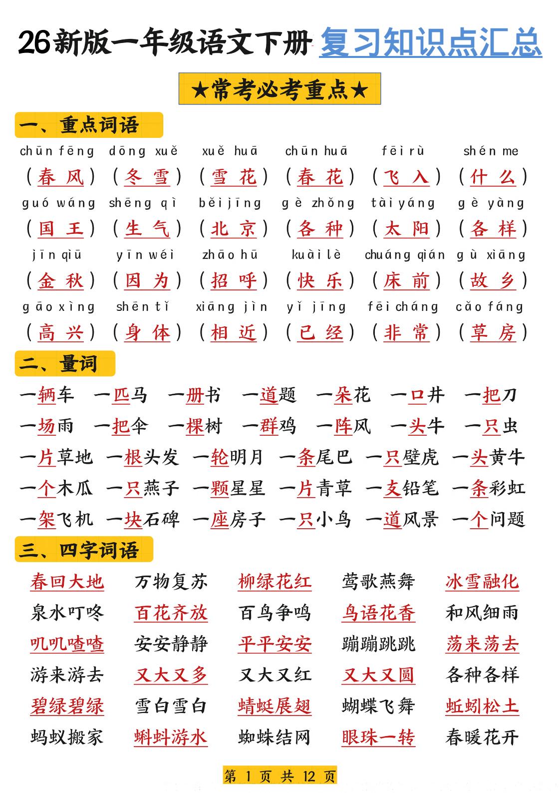 26春一年级下语文期末复习高频考点知识汇总-LanTi云网创