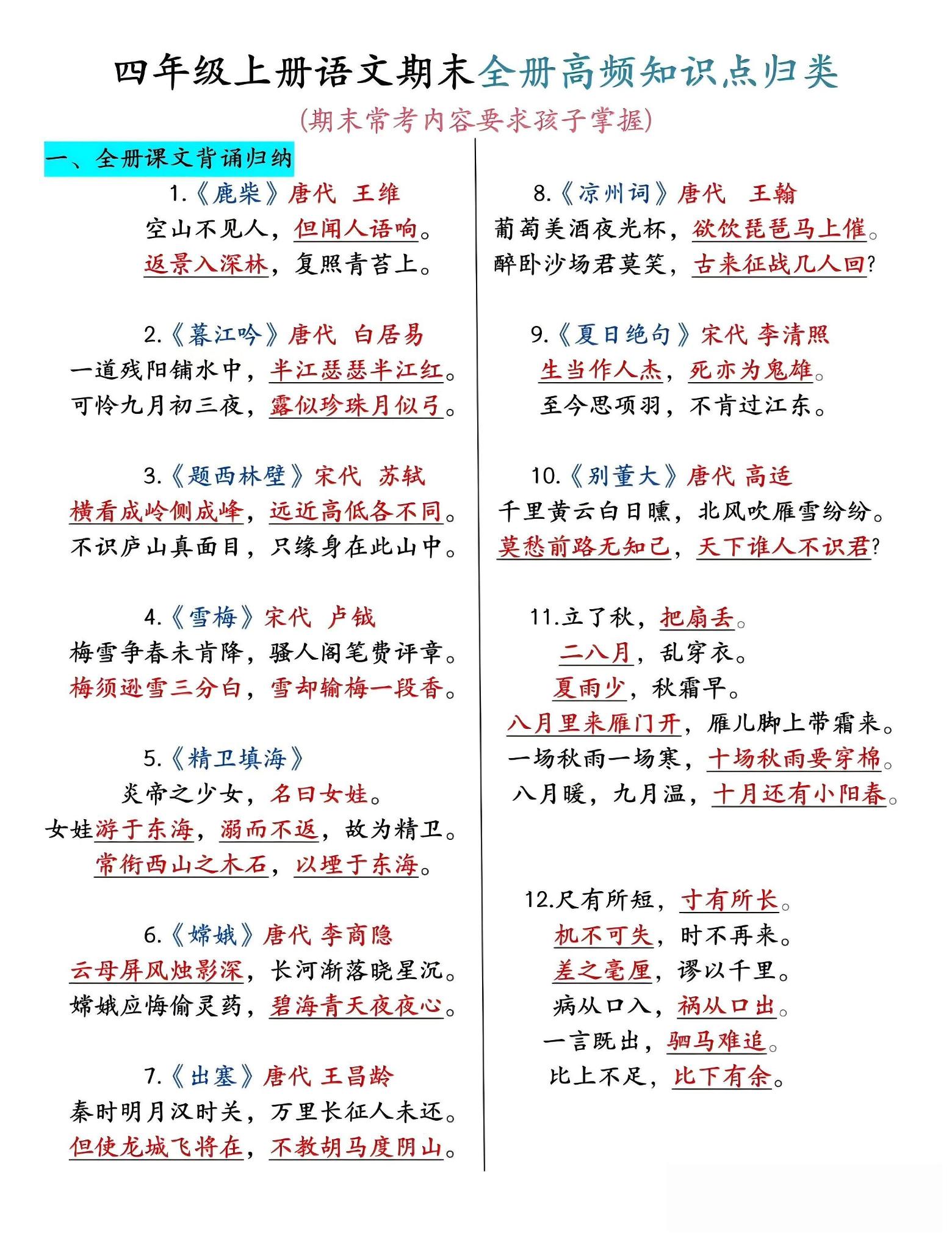 四年级上语文期末全册高频考点知识点归类-LanTi云网创
