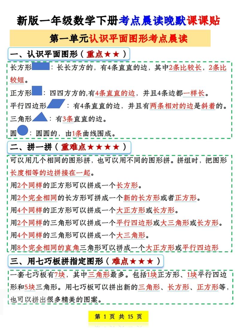 一年级下数学考点晨读晚默课课贴-LanTi云网创