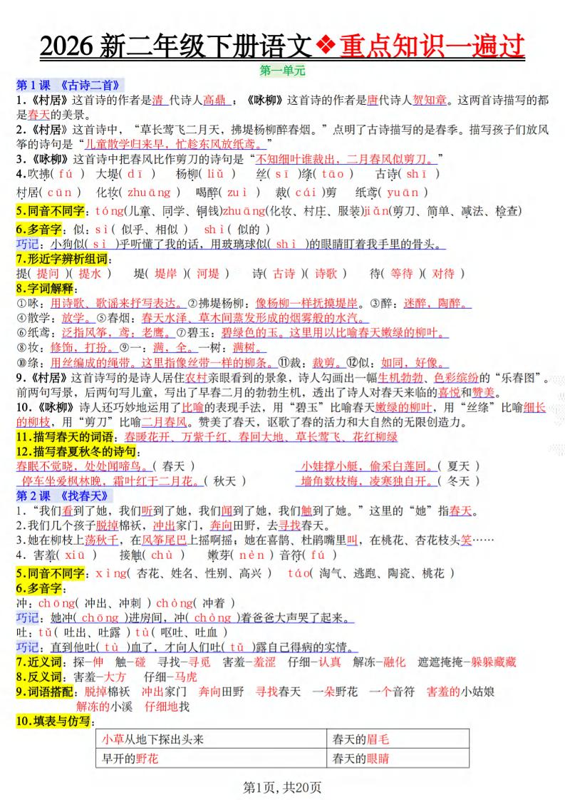 二年级下语文2026春重点知识一遍过-LanTi云网创