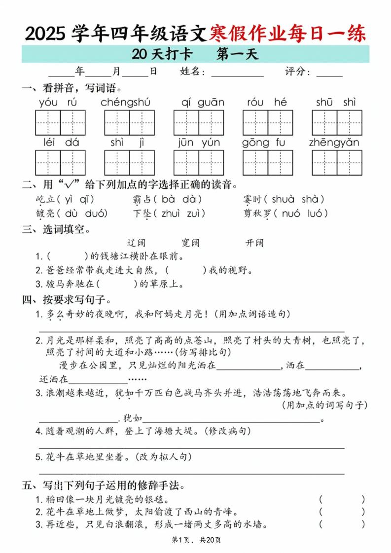 四年级语文下寒假作业每日一练20天（20页）-LanTi云网创