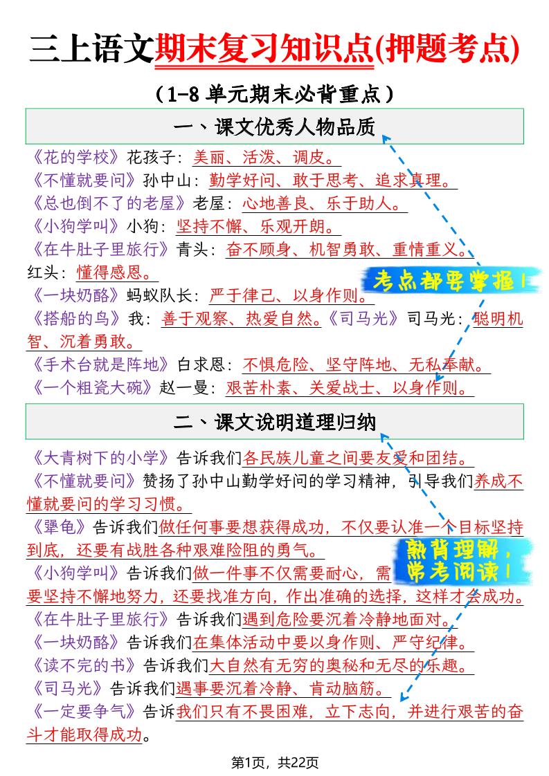 三年级上语文期末复习知识点(押题考点)-LanTi云网创