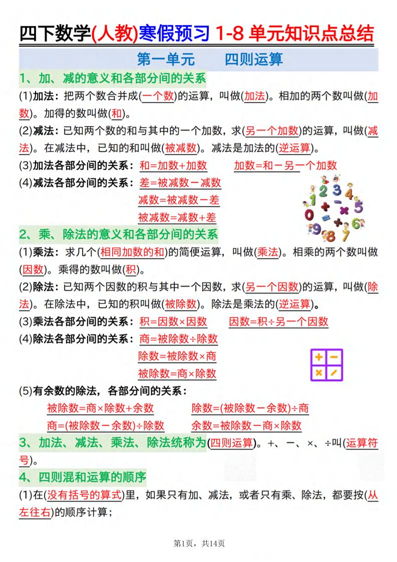 26春四下人教数学寒假预习1-8单元知识点总结14页-LanTi云网创