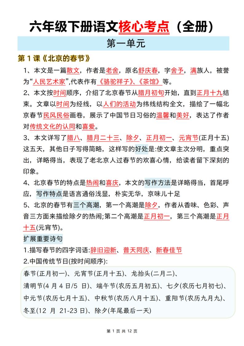 六年级下语文期末全册课文核心考点-LanTi云网创