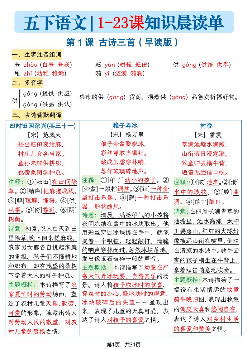 五下语文1-23课每课知识晨读单（31页）-LanTi云网创