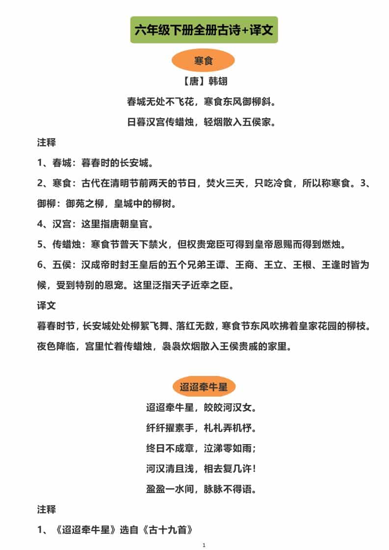 六年级下语文全册古诗+译文-LanTi云网创