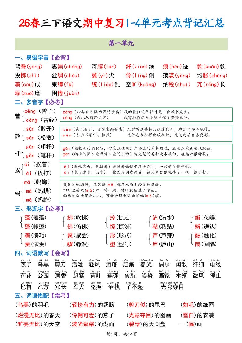 三年级下语文期中复习1-4单元考点背记汇总-LanTi云网创