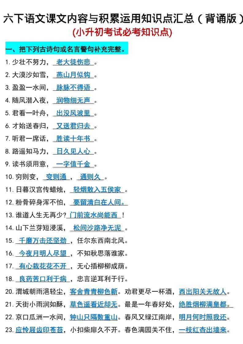 六年级下语文小升初期末必考知识点-LanTi云网创