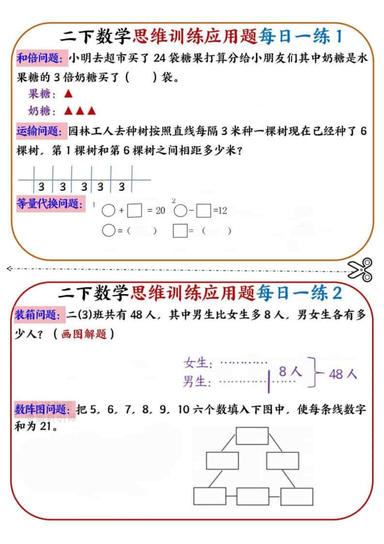 二年级下数学思维训练应用题每日一练小纸条-LanTi云网创