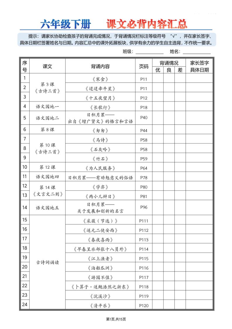26春六下语文课文必背内容汇总15页-LanTi云网创