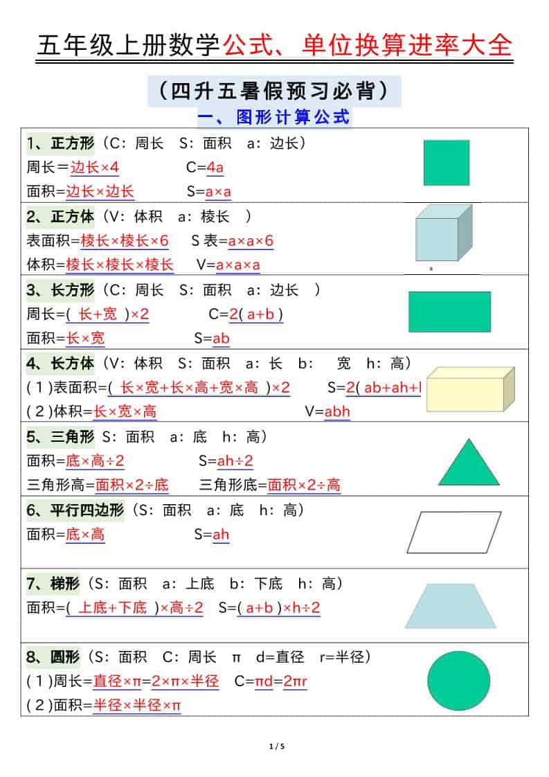五年级上数学公式、单位换算进率大全-LanTi云网创
